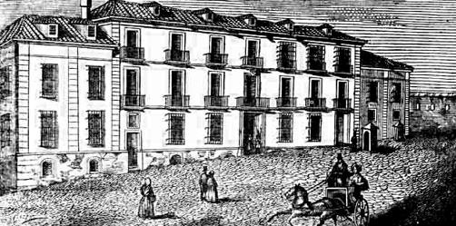 Grabado de «La Ilustración» mostrando la fachada de la cárcel madrileña del Saladero, donde se materializó la ejecución de Felipe Moro González, Sebastián Fernández Gómez y Florentino Gómez Vega